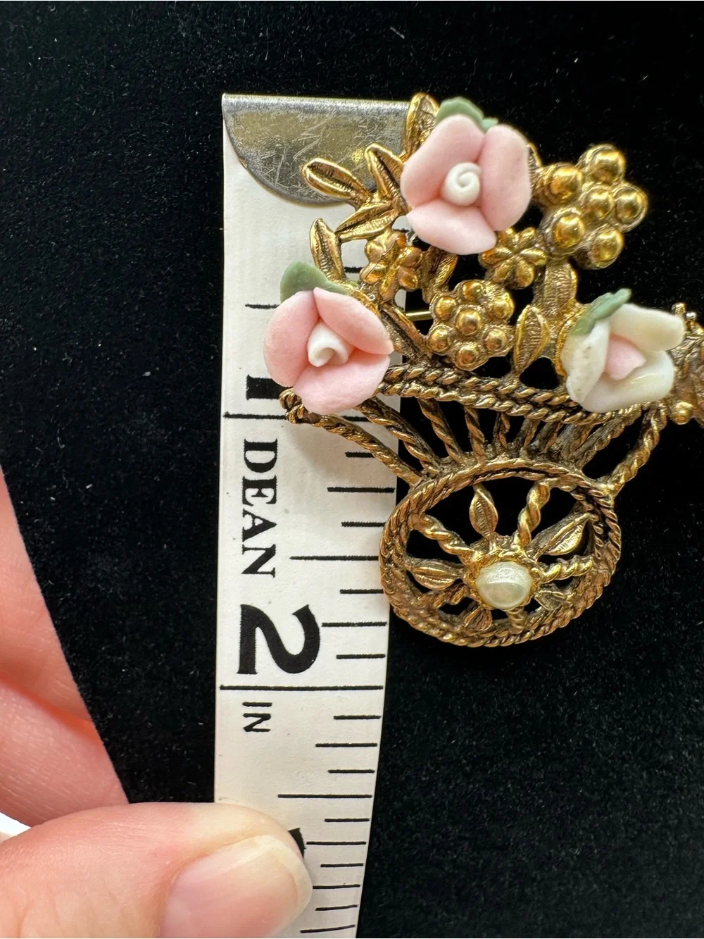 1950s Gold Floral Cart Brooch with Pink Porcelain Roses and faux Pearl